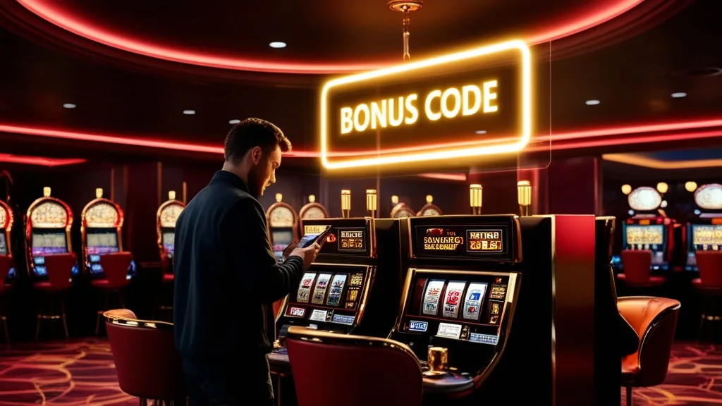 Dunkles Casino mit leuchtendem Bonuscode über einem Spielautomaten