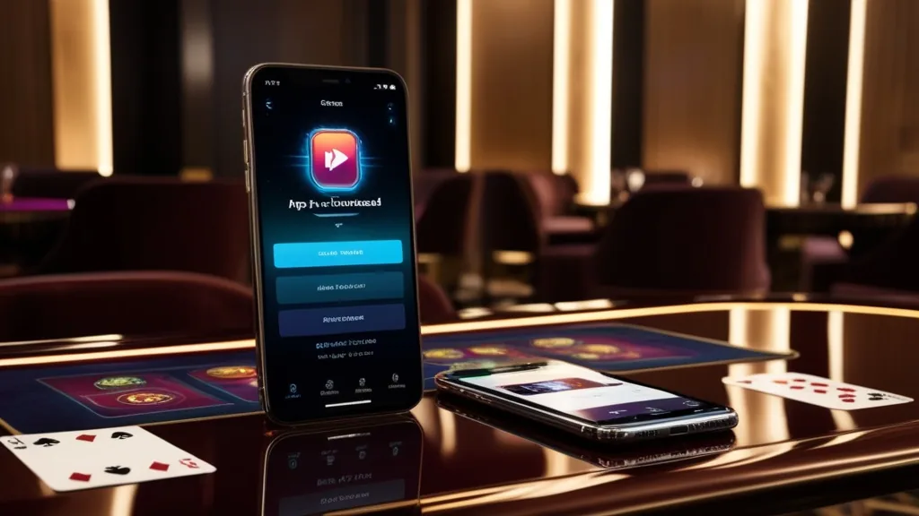 Smartphone mit Downloadanzeige neben Android- und iPhone-Geräten im Casino-Licht