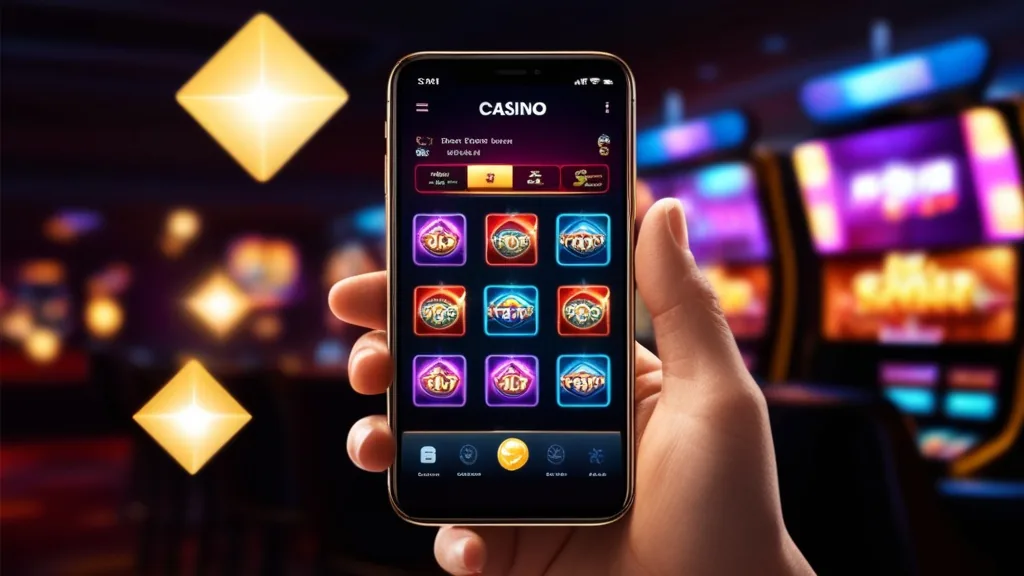 Smartphone zeigt mobile Spielkacheln und Casino-Menü in dunkler Atmosphäre