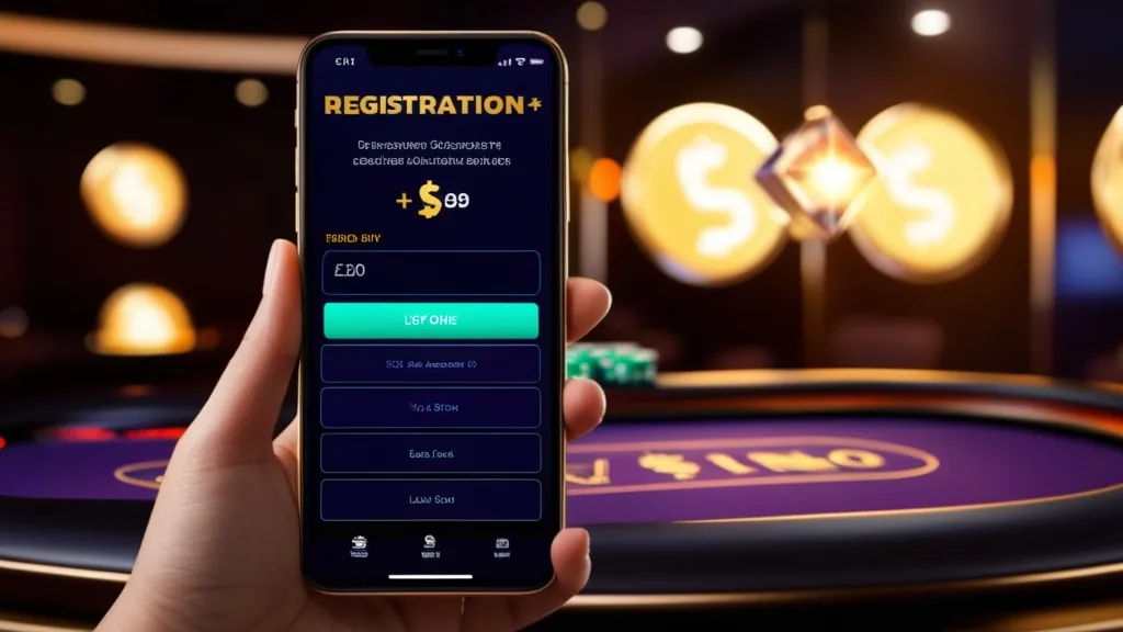 Smartphone mit Anmeldeformular und Bonushinweisen in dunkler Casino-Atmosphäre