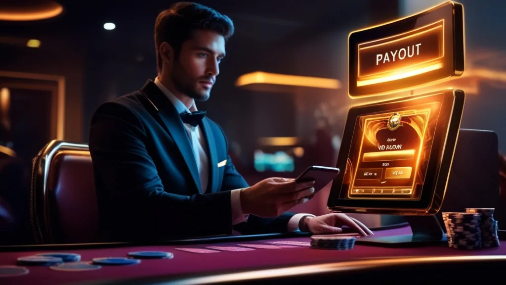Dunkle Casino-Szene mit Auszahlungsantrag auf einem leuchtenden Bildschirm